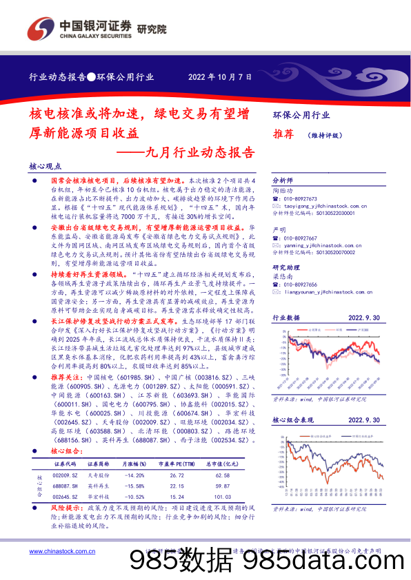 环保公用九月行业动态报告：核电核准或将加速，绿电交易有望增厚新能源项目收益_中国银河