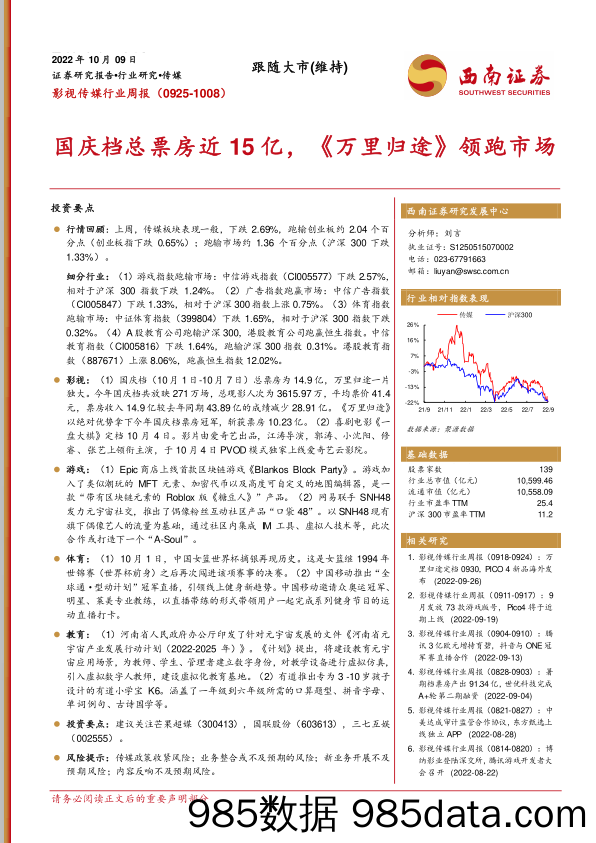 影视传媒行业周报：国庆档总票房近15亿，《万里归途》领跑市场_西南证券