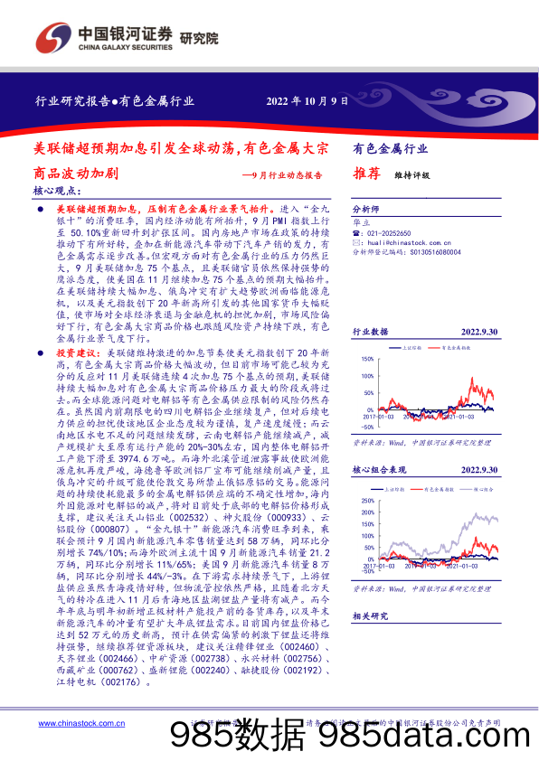 有色金属行业9月行业动态报告：美联储超预期加息引发全球动荡，有色金属大宗商品波动加剧_中国银河