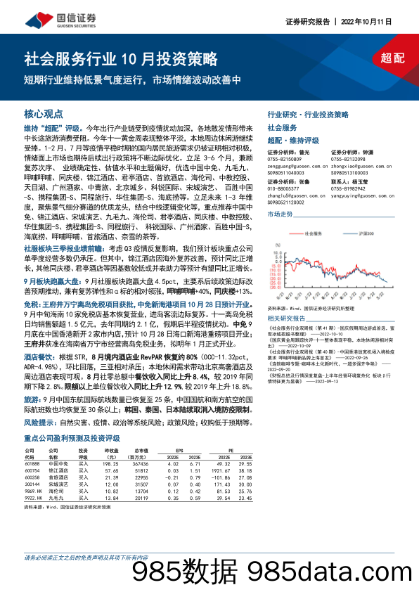 社会服务行业10月投资策略：短期行业维持低景气度运行，市场情绪波动改善中_国信证券