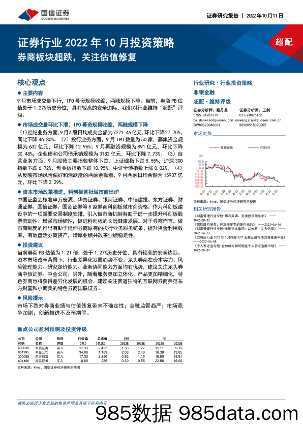 证券行业2022年10月投资策略：券商板块超跌，关注估值修复_国信证券