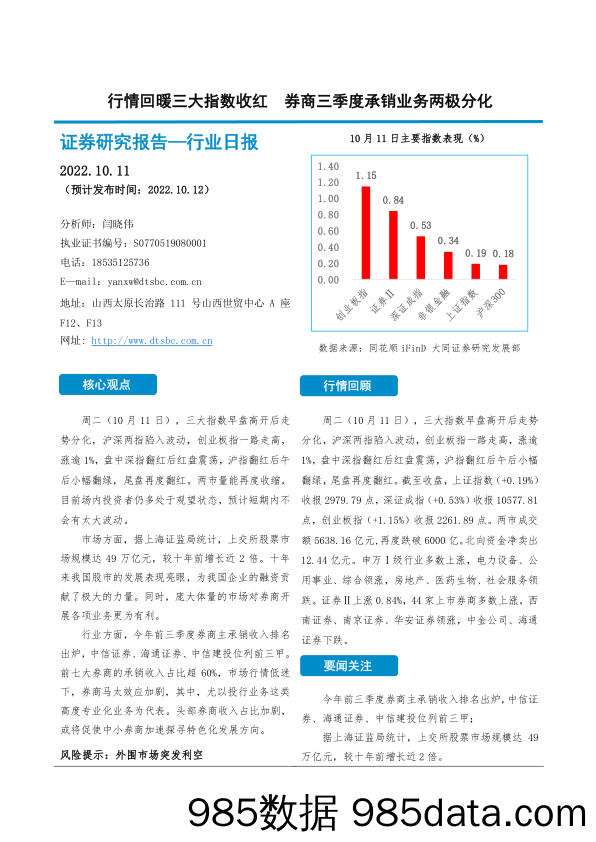 非银金融行业日报：行情回暖三大指数收红 券商三季度承销业务两极分化_大同证券插图