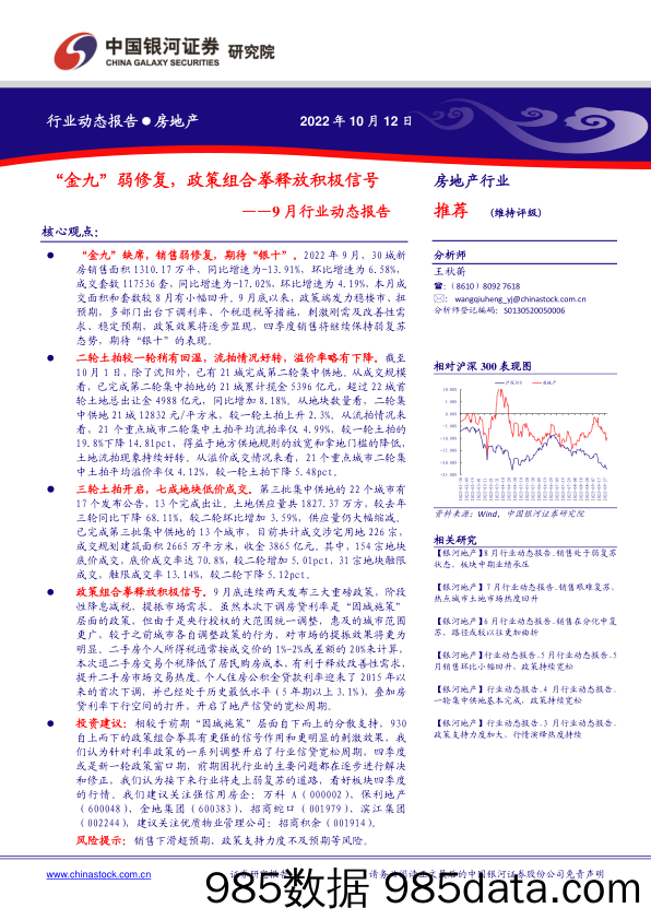 房地产9月行业动态报告：“金九”弱修复，政策组合拳释放积极信号_中国银河