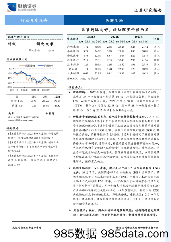 医药生物行业月度报告：政策边际向好，板块配置价值凸显_财信证券