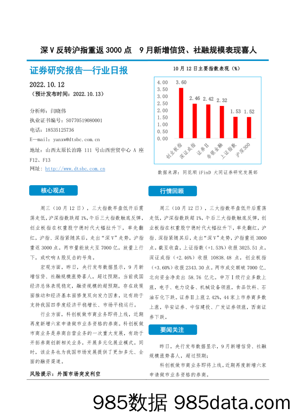 非银金融行业日报：深V反转沪指重返3000点 9月新增信贷、社融规模表现喜人_大同证券