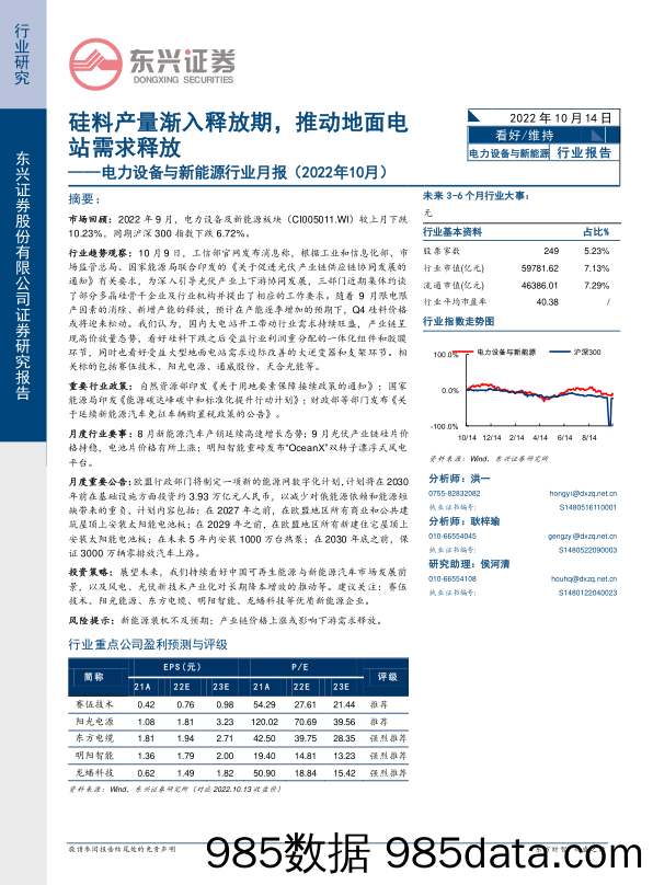 电力设备与新能源行业月报（2022年10月）：硅料产量渐入释放期，推动地面电站需求释放_东兴证券