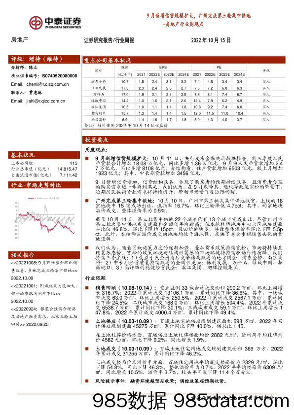 房地产行业周观点：9月新增信贷规模扩大，广州完成第三轮集中供地_中泰证券