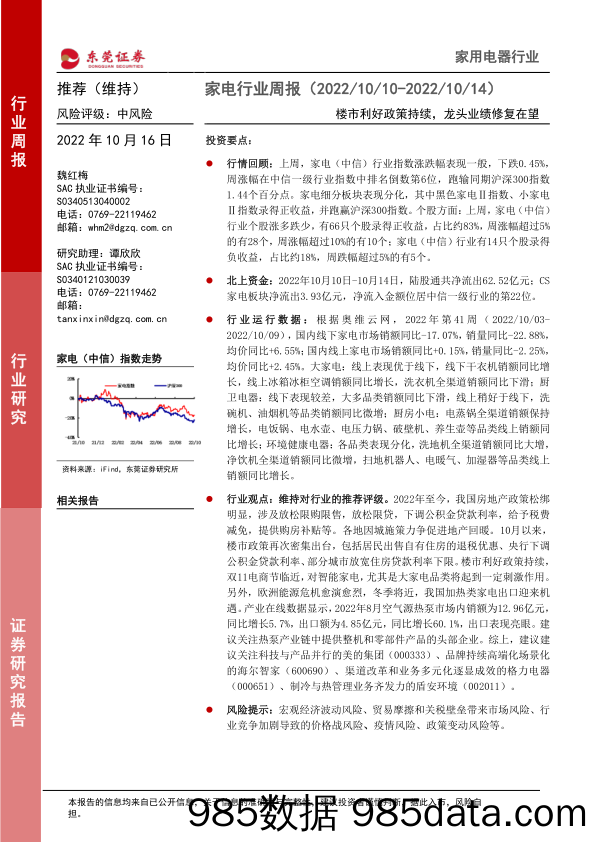 家电行业周报：楼市利好政策持续，龙头业绩修复在望_东莞证券