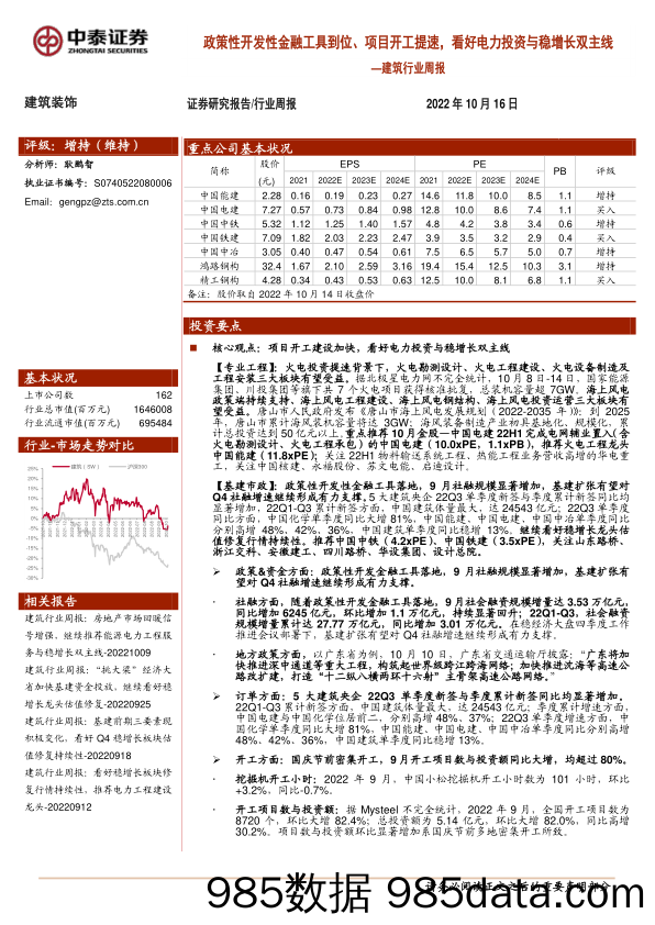 建筑行业周报：政策性开发性金融工具到位、项目开工提速，看好电力投资与稳增长双主线_中泰证券