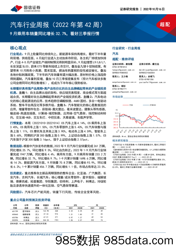 汽车行业周报（2022年第42周）：9月乘用车销量同比增长32.7%，看好三季报行情_国信证券