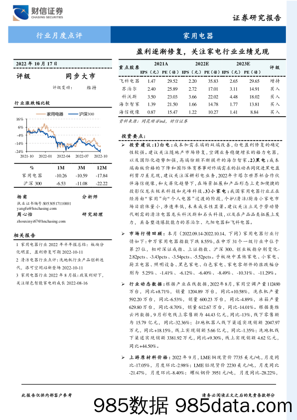 家用电器行业月度点评：盈利逐渐修复，关注家电行业业绩兑现_财信证券