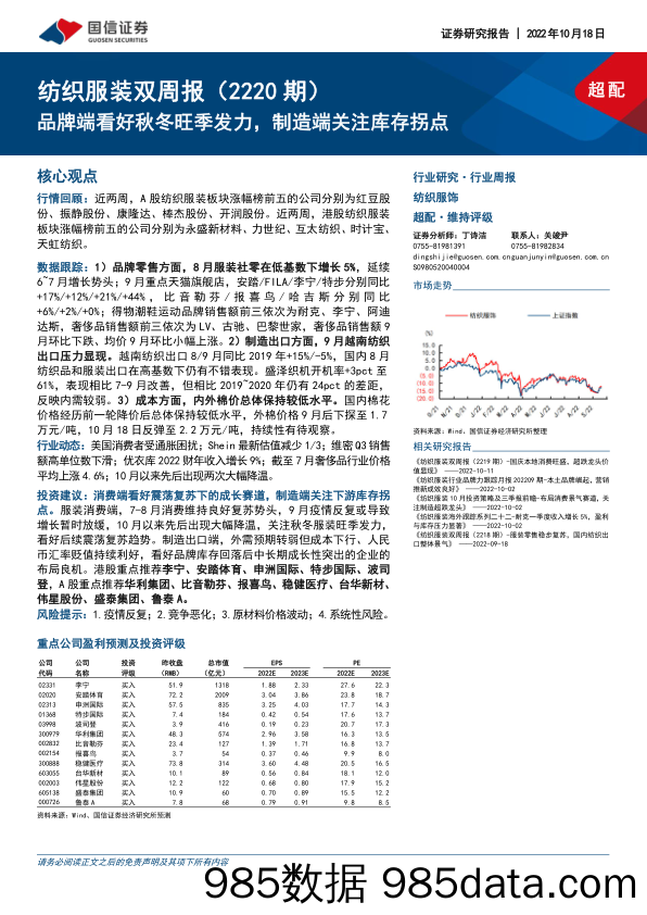 纺织服装双周报（2220期）：品牌端看好秋冬旺季发力，制造端关注库存拐点_国信证券