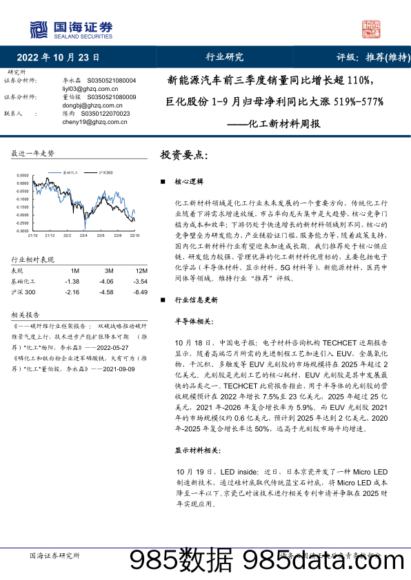 化工新材料周报：新能源汽车前三季度销量同比增长超110%，巨化股份1-9月归母净利同比大涨519%-577%_国海证券