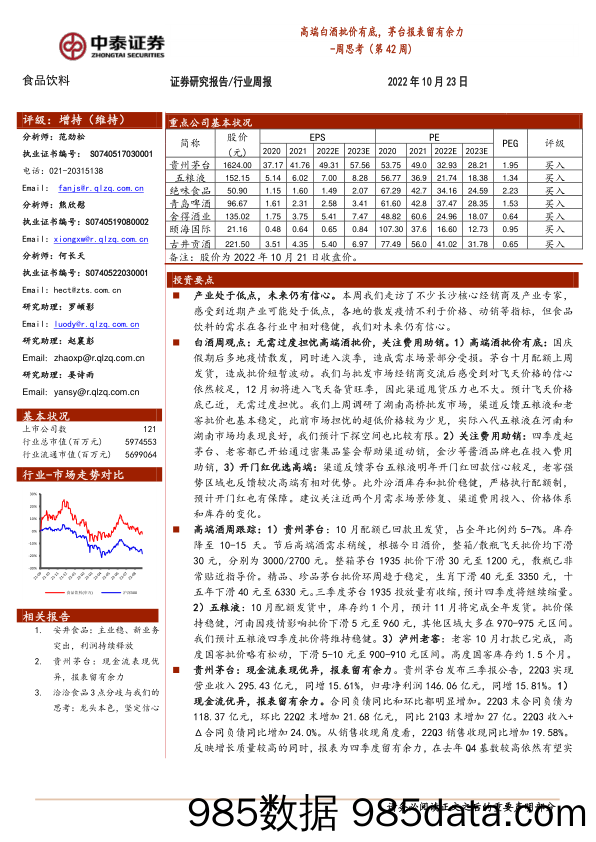 食品饮料周思考（第42周）：高端白酒批价有底，茅台报表留有余力_中泰证券