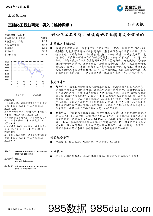 基础化工行业研究：部分化工品反弹，继续看好有业绩有安全垫标的_国金证券