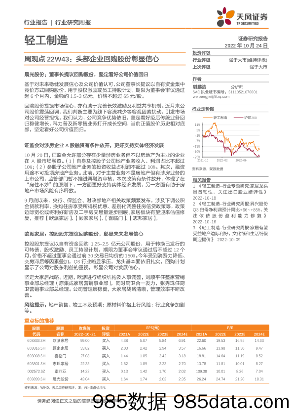 轻工制造周观点22W43：头部企业回购股份彰显信心_天风证券