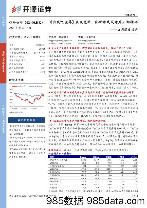 心动公司(02400.HK)公司深度报告：《出发吧麦芬》表现亮眼，自研游戏或开启正向循环-240616-开源证券