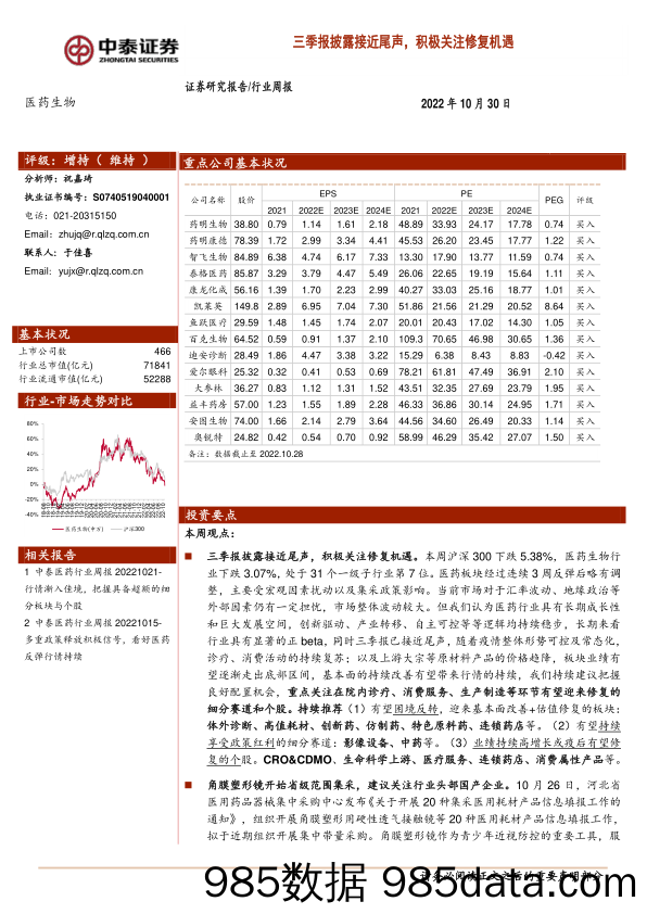 医药生物行业周报：三季报披露接近尾声，积极关注修复机遇_中泰证券