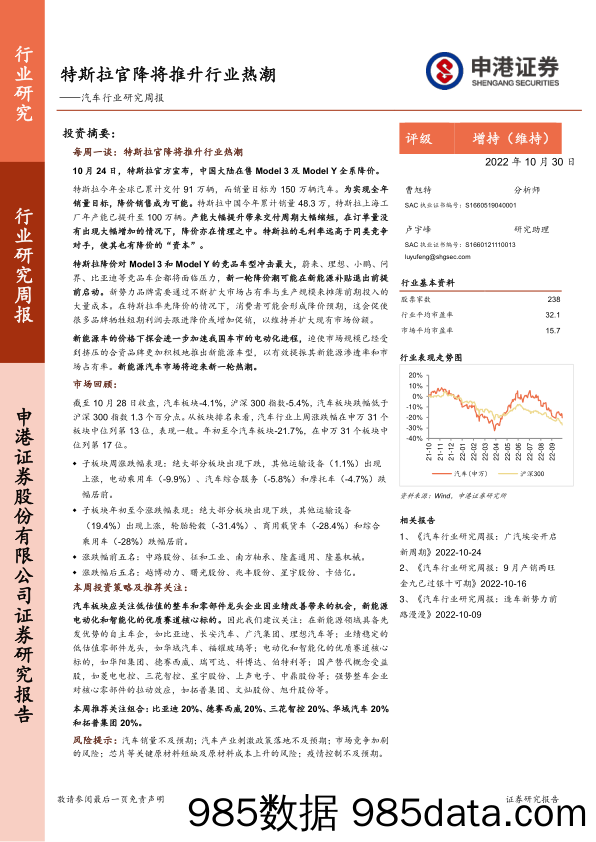 汽车行业研究周报：特斯拉官降将推升行业热潮_申港证券