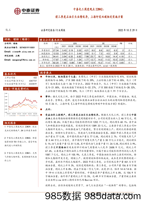 中泰化工周度观点22W42：前三季度石油巨头业绩优异，上海印发双碳相关实施方案_中泰证券