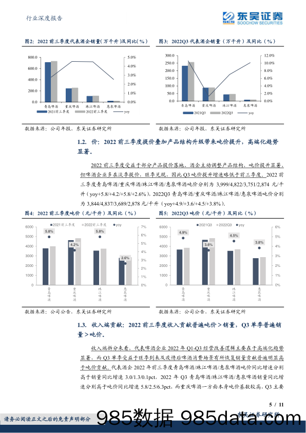 食品饮料行业深度报告：啤酒板块2022Q3总结：旺季量价齐升，龙头业绩稳步提升_东吴证券插图4