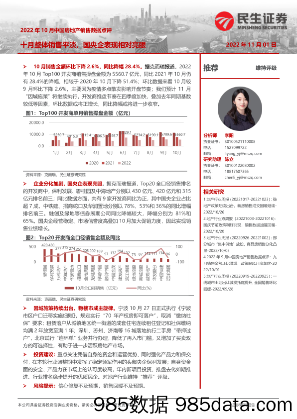 2022年10月中国房地产销售数据点评：十月整体销售平淡，国央企表现相对亮眼_民生证券