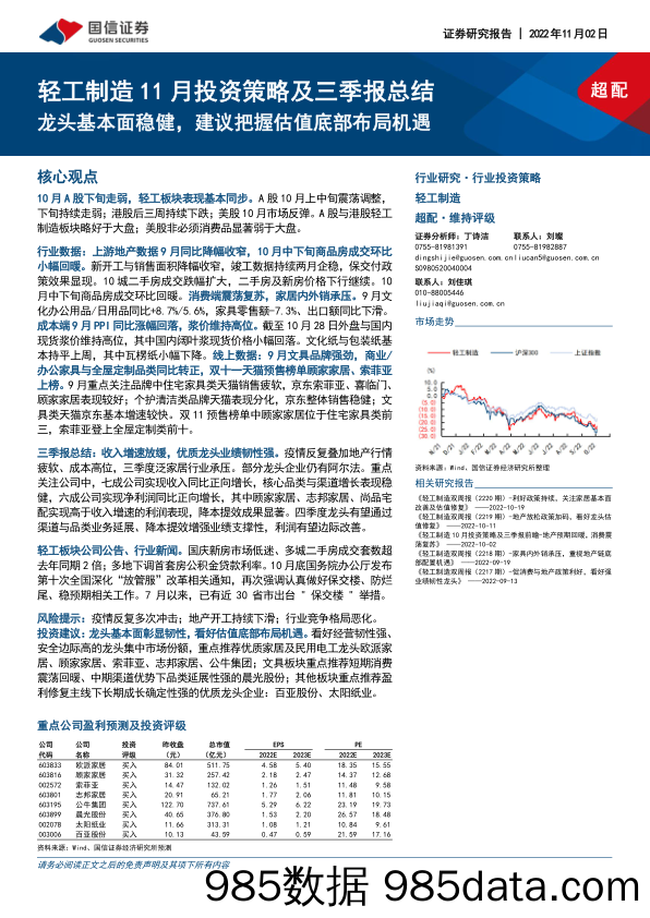 轻工制造11月投资策略及三季报总结：龙头基本面稳健，建议把握估值底部布局机遇_国信证券