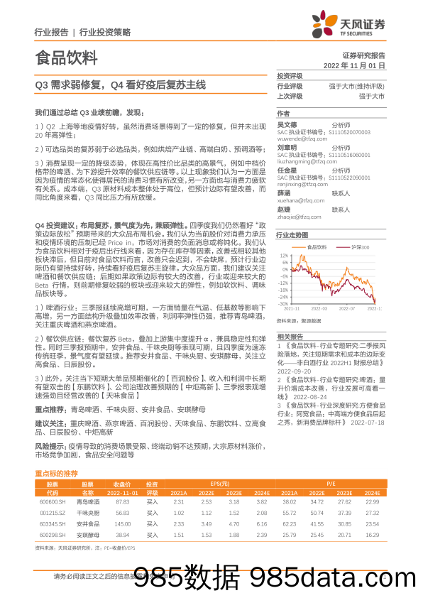 食品饮料行业投资策略：Q3需求弱修复，Q4看好疫后复苏主线_天风证券