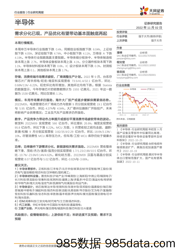 半导体行业研究周报：需求分化已现，产品优化有望带动基本面触底再起_天风证券