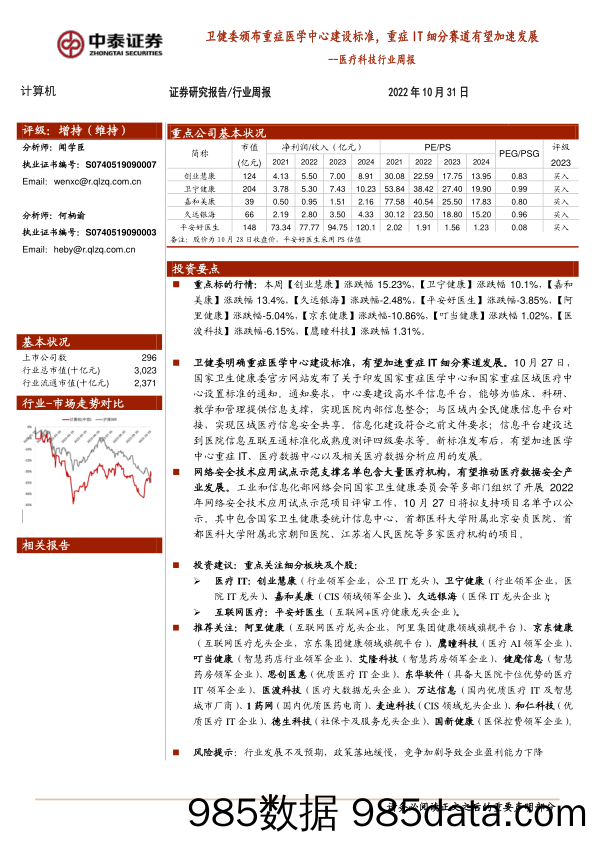 医疗科技行业周报：卫健委颁布重症医学中心建设标准，重症IT细分赛道有望加速发展_中泰证券