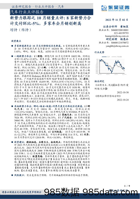 汽车行业点评报告：新势力跟踪之10月销量点评：8家新势力合计交付环比-5%，多家车企月销创新高_东吴证券