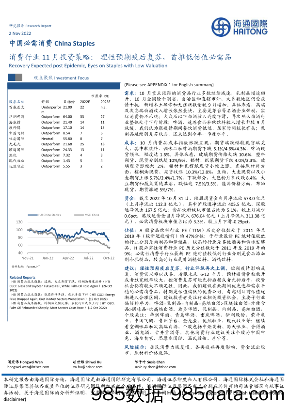 消费行业11月投资策略：理性预期疫后复苏，首推低估值必需品_海通国际