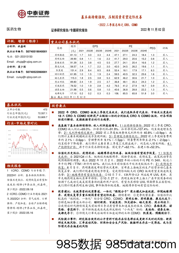 2022三季报总结之CRO、CDMO：基本面持续强劲，压制因素有望边际改善_中泰证券