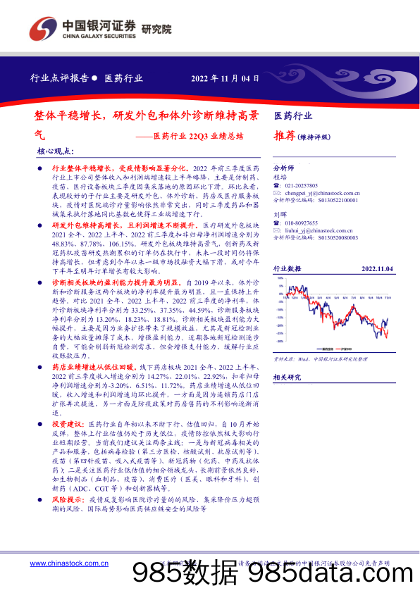 医药行业22Q3业绩总结：整体平稳增长，研发外包和体外诊断维持高景气_中国银河