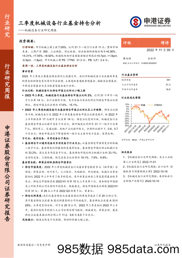 机械设备行业研究周报：三季度机械设备行业基金持仓分析_申港证券