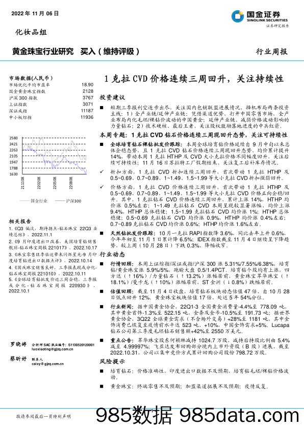 黄金珠宝行业周报：1克拉CVD价格连续三周回升，关注持续性_国金证券