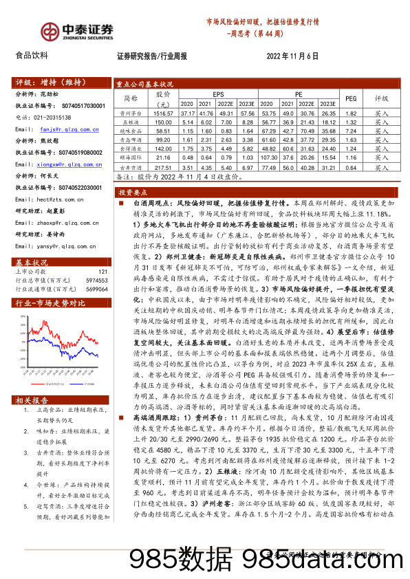 食品饮料周思考（第44周）：市场风险偏好回暖，把握估值修复行情_中泰证券