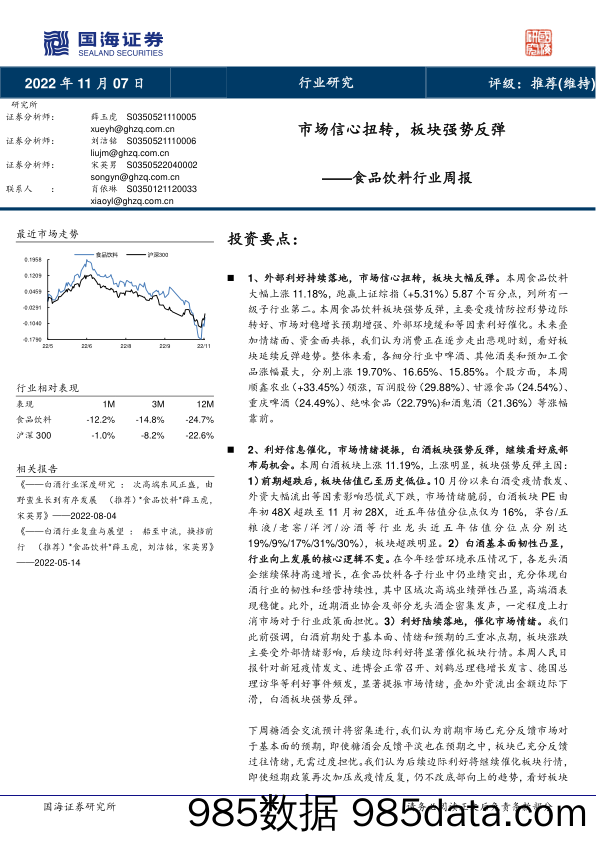 食品饮料行业周报：市场信心扭转，板块强势反弹_国海证券