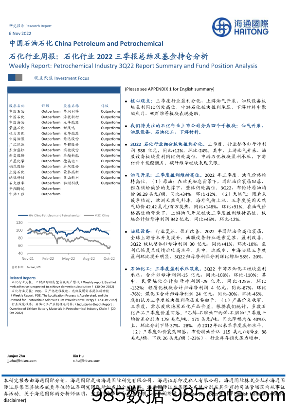 石化行业周报：石化行业2022三季报总结及基金持仓分析_海通国际