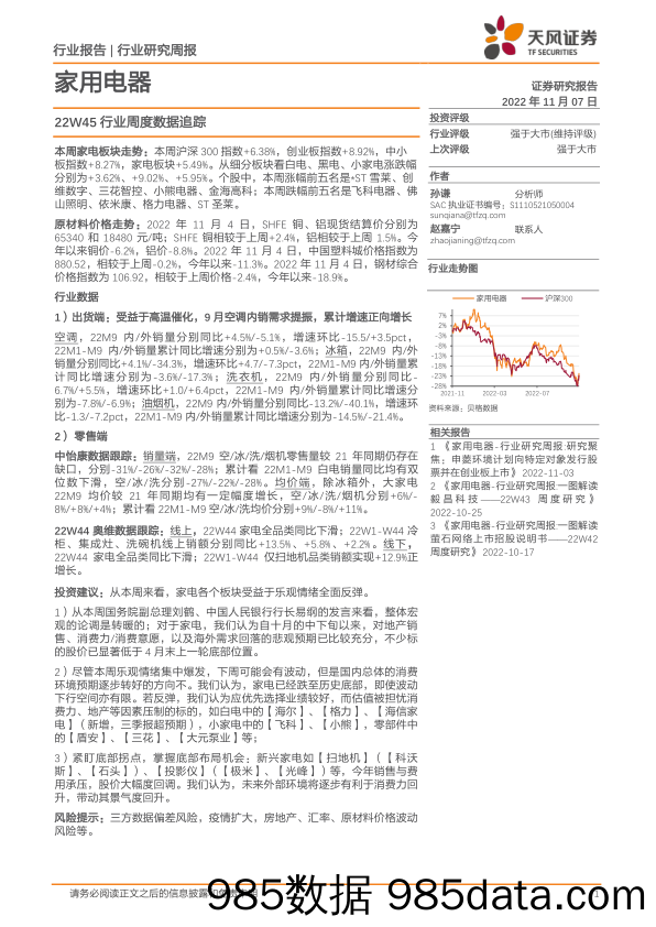 家用电器22W45行业周度数据追踪_天风证券