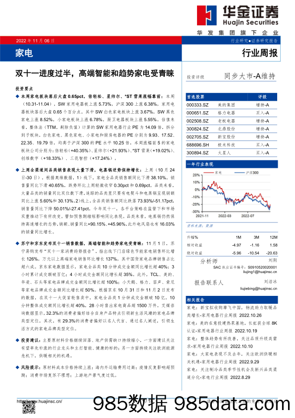 家电行业周报：双十一进度过半，高端智能和趋势家电受青睐_华金证券