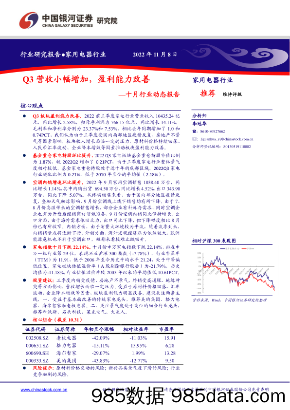 家用电器行业：十月行业动态报告-Q3营收小幅增加，盈利能力改善_中国银河