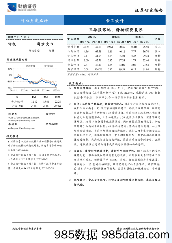 食品饮料行业月度点评：三季报落地，静待消费复苏_财信证券插图