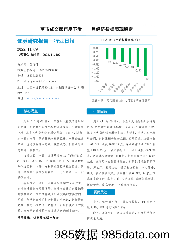 非银金融行业日报：两市成交额再度下滑 十月经济数据表现稳定_大同证券