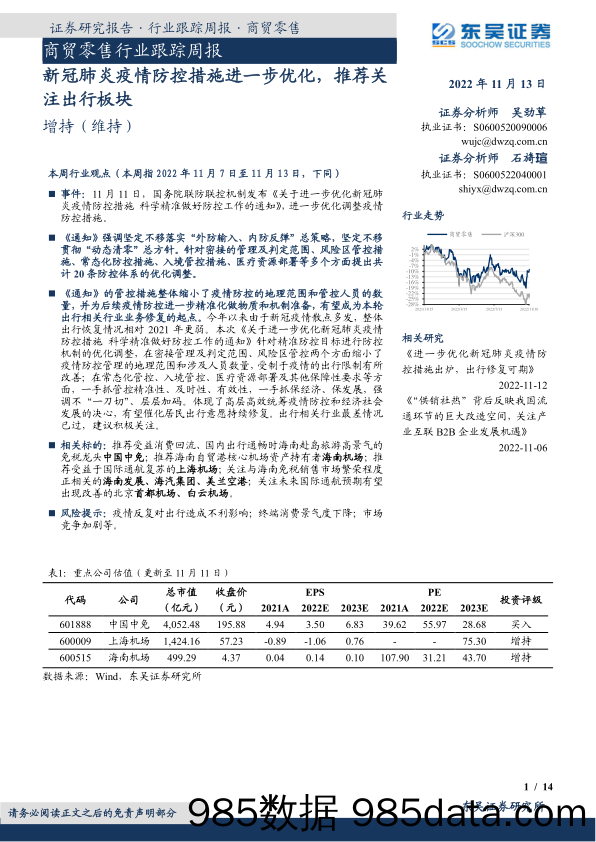 商贸零售行业跟踪周报：新冠肺炎疫情防控措施进一步优化，推荐关注出行板块_东吴证券