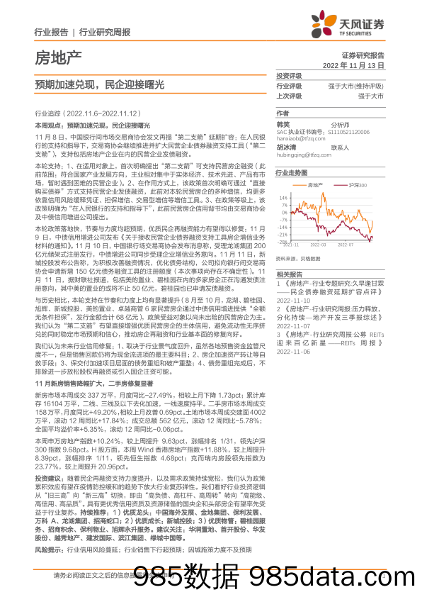 房地产行业研究周报：预期加速兑现，民企迎接曙光_天风证券