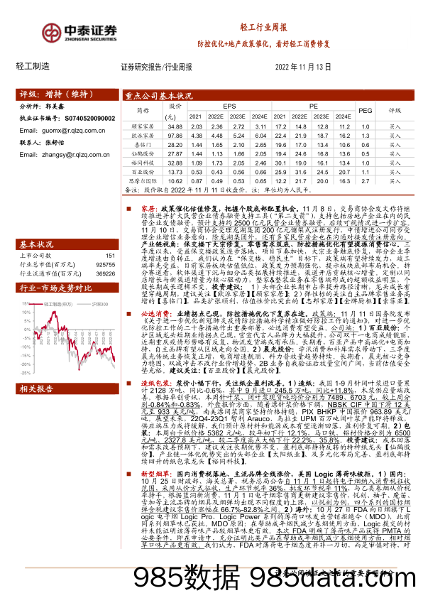 轻工行业周报：防控优化+地产政策催化，看好轻工消费修复_中泰证券