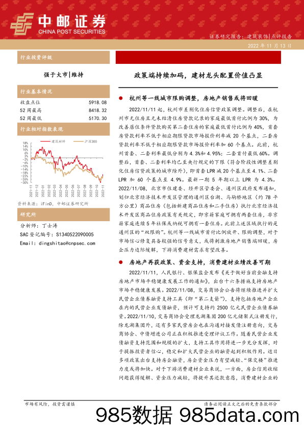 建筑装饰：政策端持续加码，建材龙头配置价值凸显_中邮证券