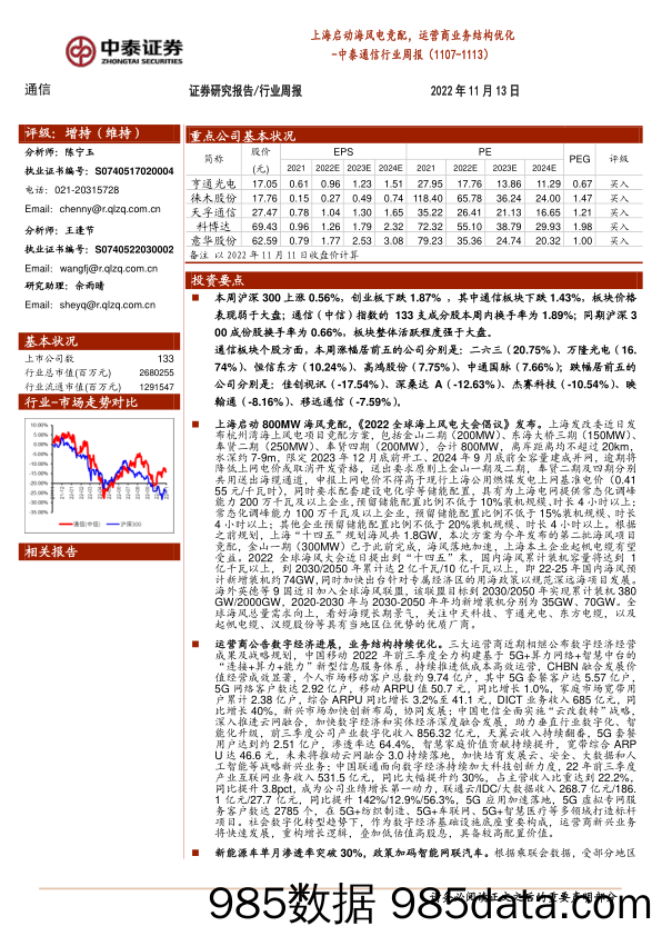 中泰通信行业周报：上海启动海风电竞配，运营商业务结构优化_中泰证券