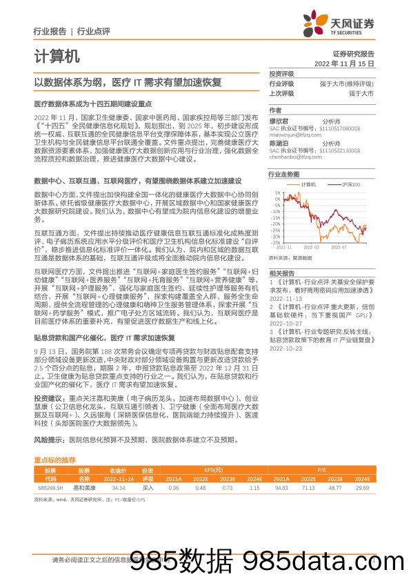 计算机：以数据体系为纲，医疗IT需求有望加速恢复_天风证券